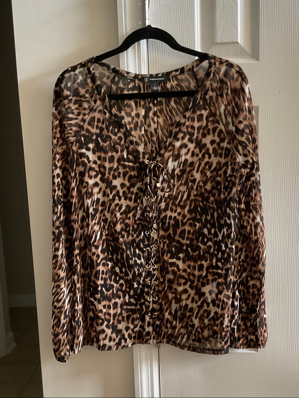 INC International Concepts Leopard Print Lace-Up Blouse - Brown, L